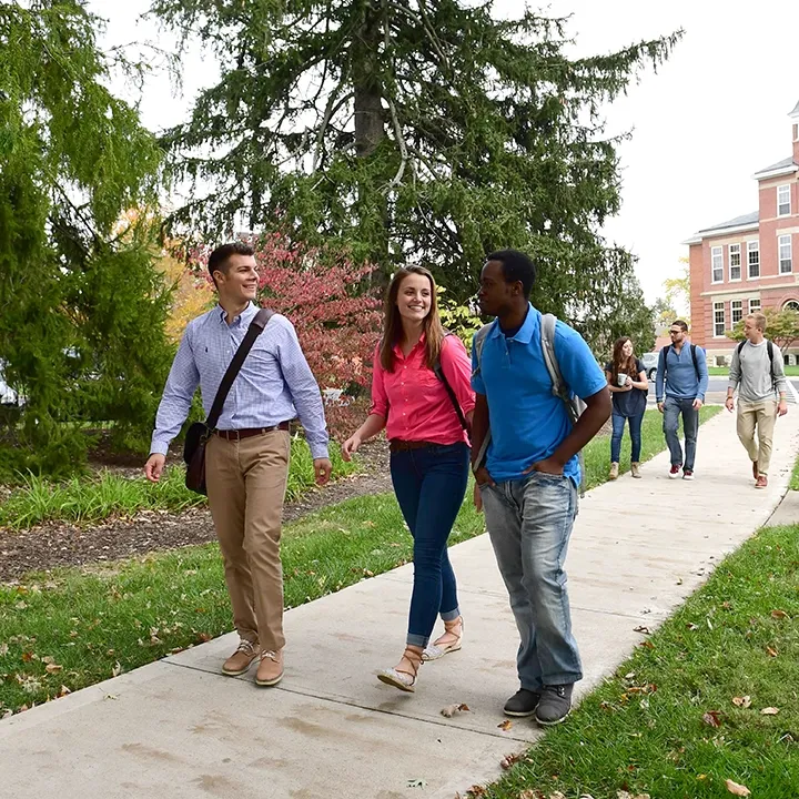 Students walking along a wooded sidewalk.